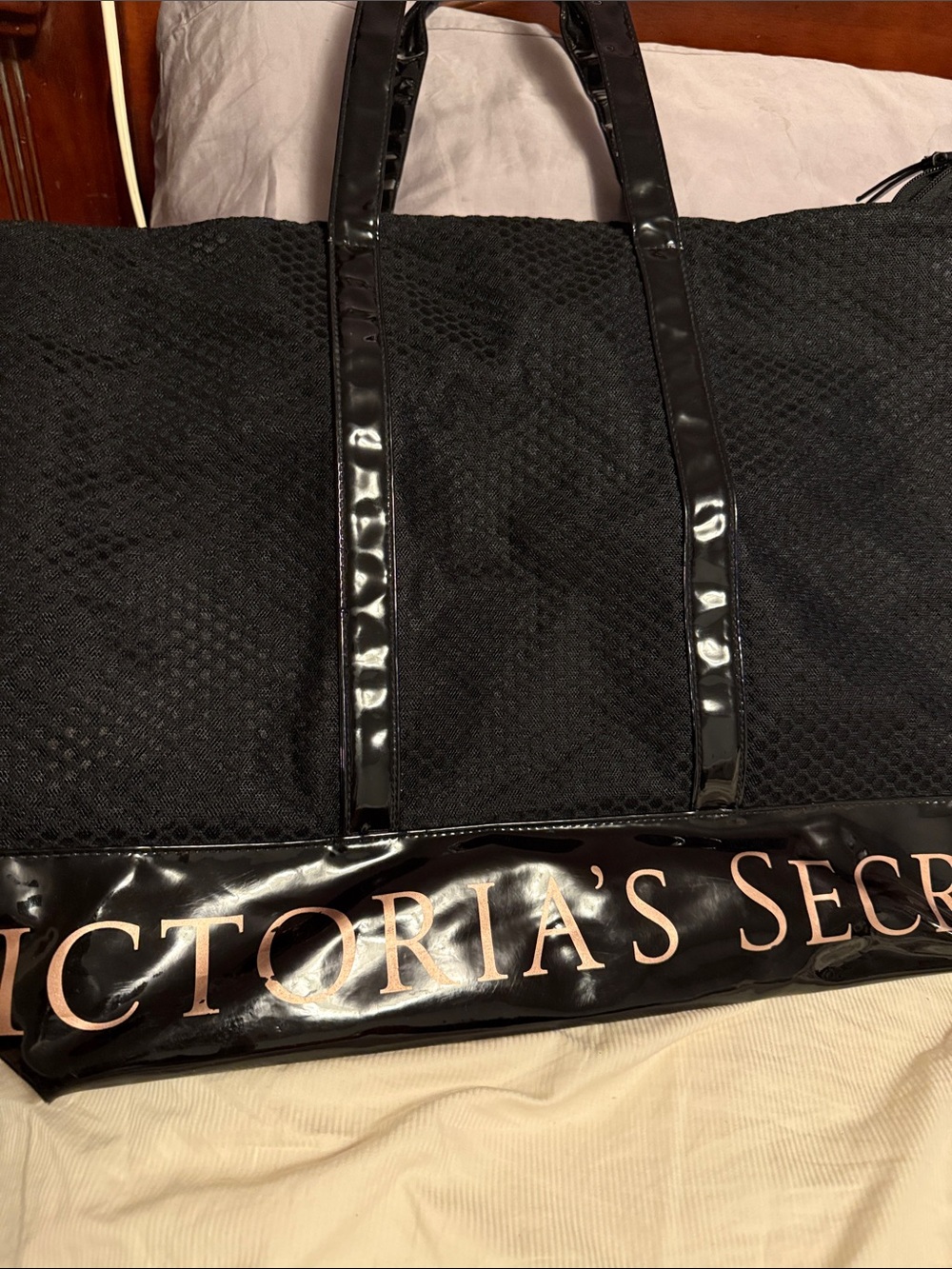 Victoria's Secret Black Mesh Tote with Gloss Trim and Rose Gold Logo
